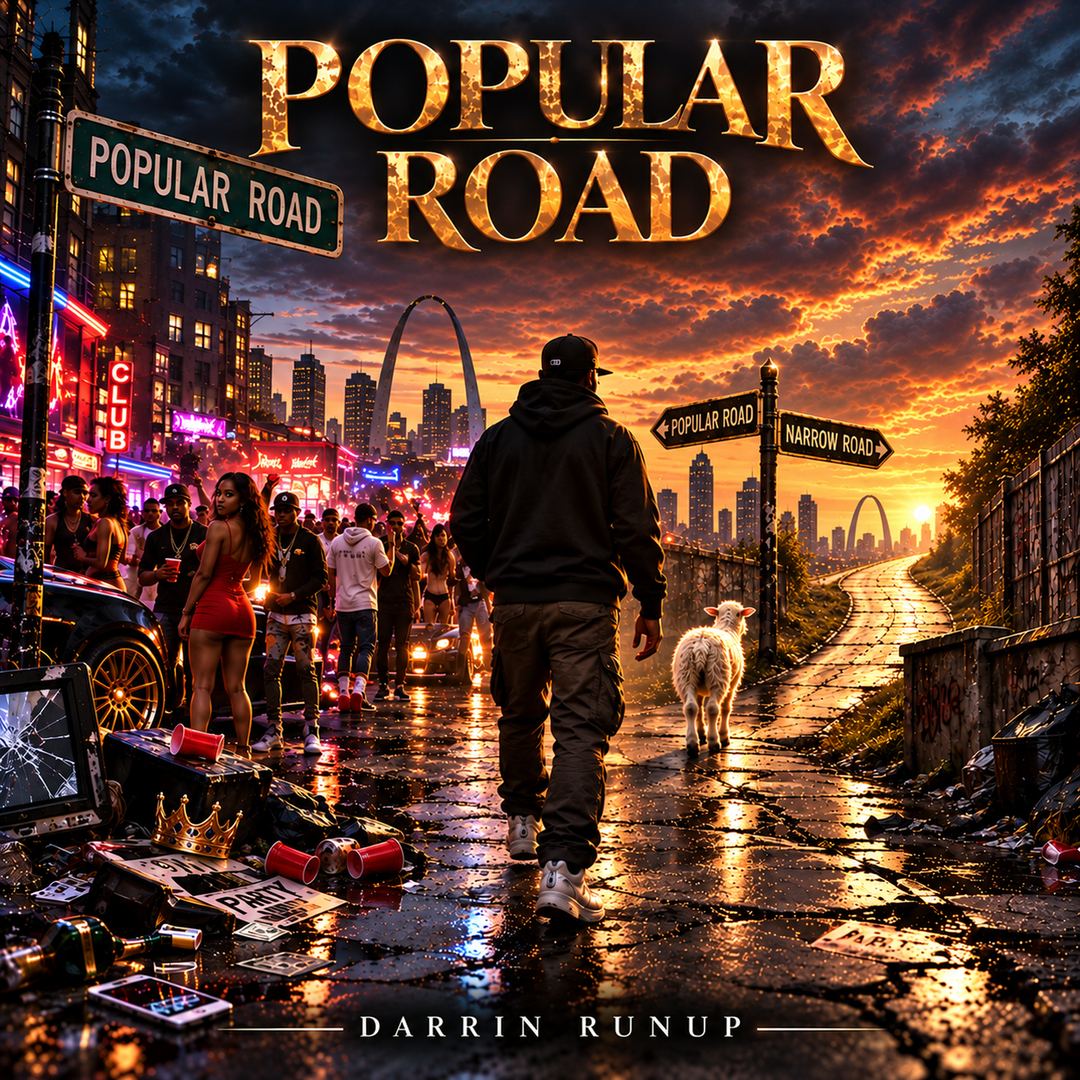 Popular Road single cover: a man in a black hoodie walks a rain-soaked St. Louis street at sunset toward a white lamb, between signs for Popular Road and Narrow Road, with the Gateway Arch ahead.