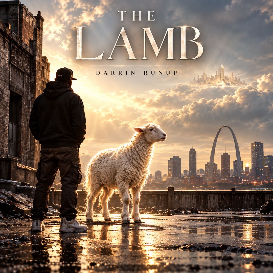 The Lamb EP cover: a man in a hoodie beside a glowing lamb, facing the St. Louis skyline.