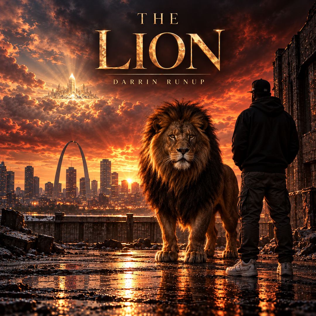 The Lion EP cover: a man in a hoodie stands beside a lion under a fiery sky, facing the St. Louis skyline and the Gateway Arch.